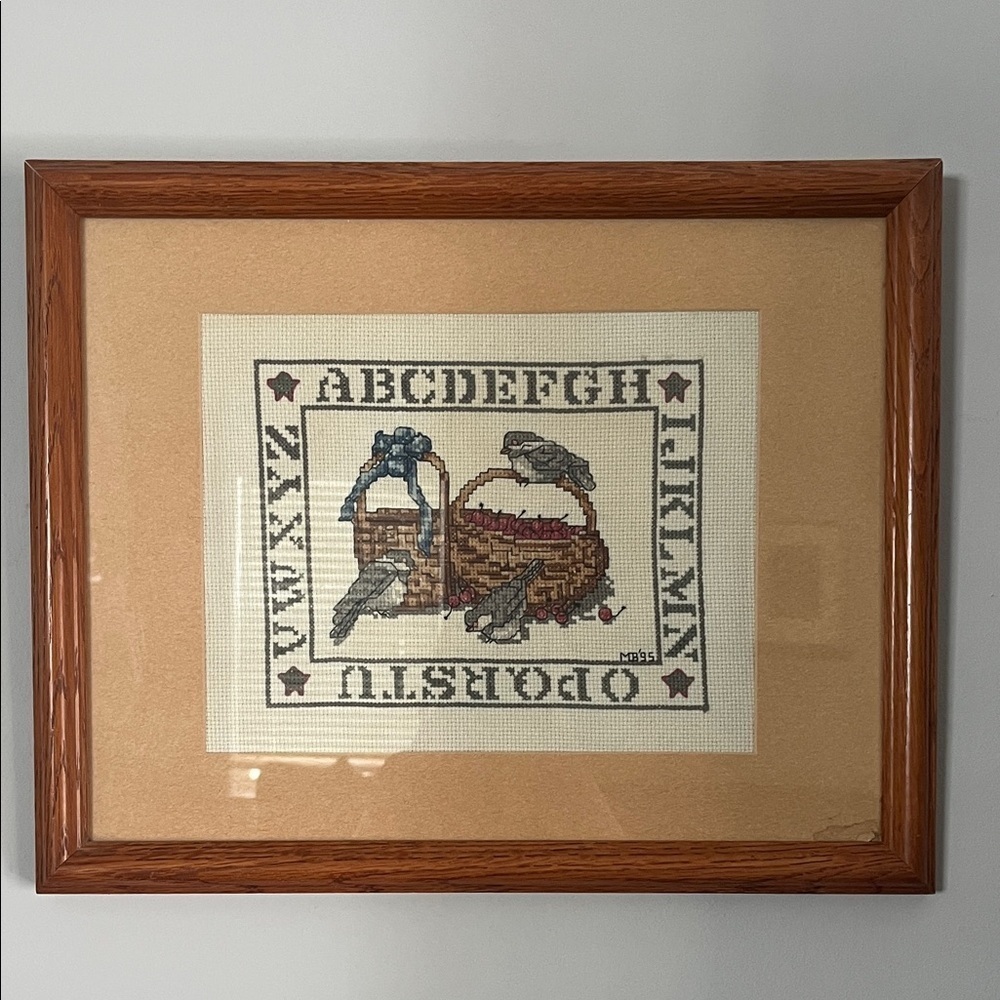 Vintage Handmade Counted Cross Stitch Sampler Framed Wall Hanging ABC Alphabet